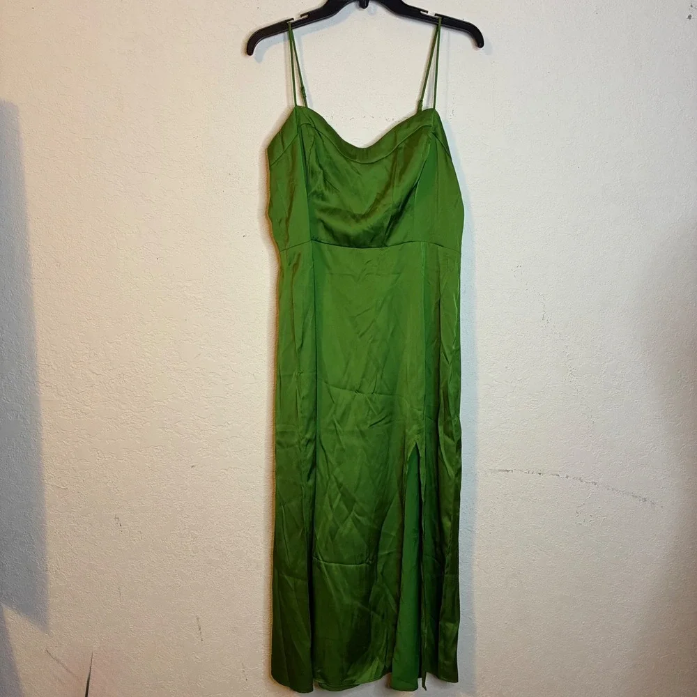 Abercrombie & Fitch NEW Green Satin Slip Dress Sweetheart Neck Side Slit Large